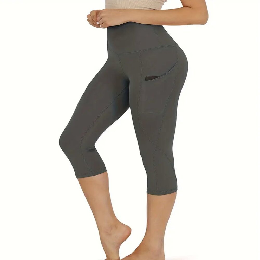 Women's Premium 240GSM Fabric Capri Leggings Phone Pockets Charcoal Gray S-XL